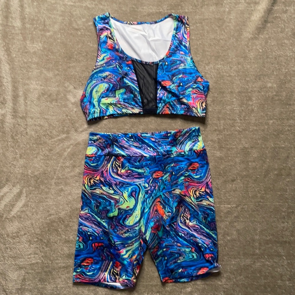 NWT Shein Marble Print  Tank Top Biker Short Set